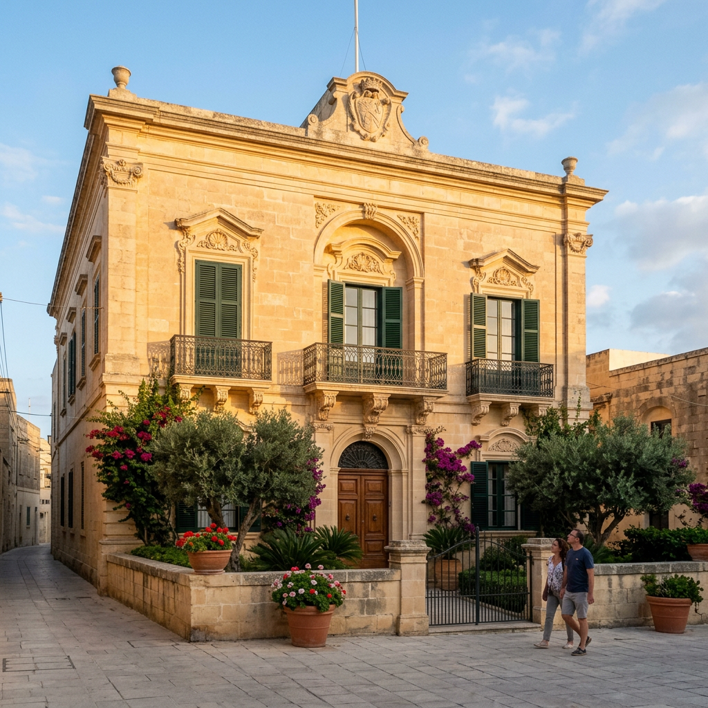 Historic two-story stone villa with green shutters, balconies, and a wooden door surrounded by potted plants and flowering shrubs