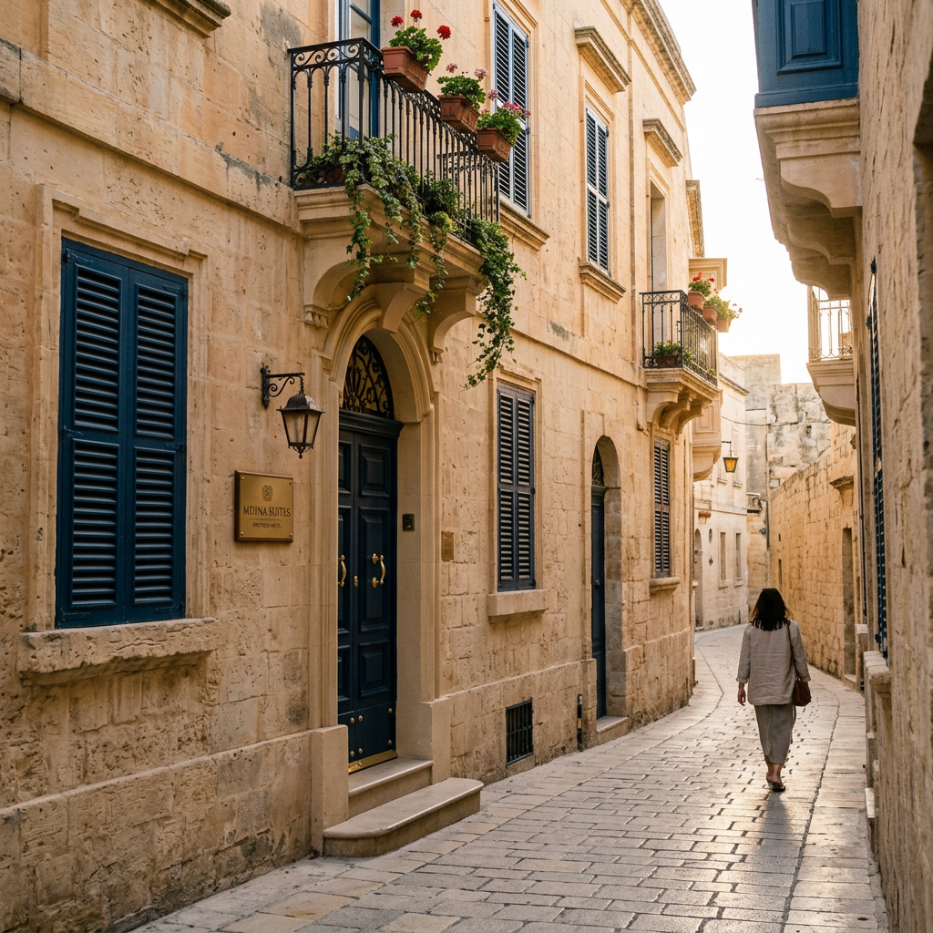 Woman walking through a narrow historic stone street in Mdina